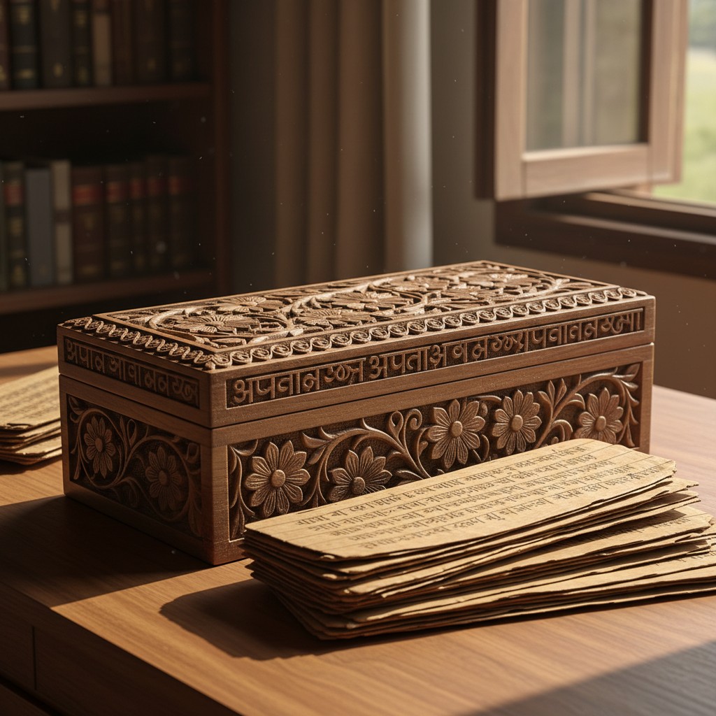 The papyrus paper, carved wooden box and wooden table as natural light pours in through the window. The stacked papyrus pa...